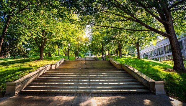 alley with stairs in park in the campus of penn state university in summer sunny day state college pennsylvania