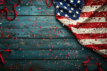 A patriotic American flag draped on rustic wood scattered with celebratory red white and gold confetti and ribbons a festive backdrop for Independence Day rich