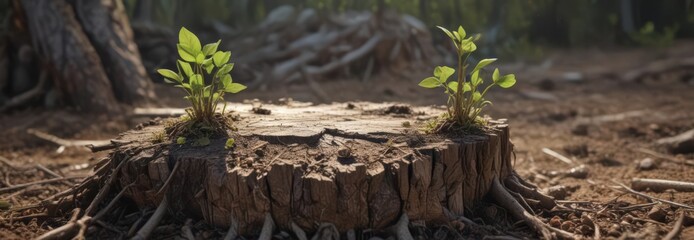 Obraz premium Tiny sapling sprouts from decaying, weathered stump , botany, image