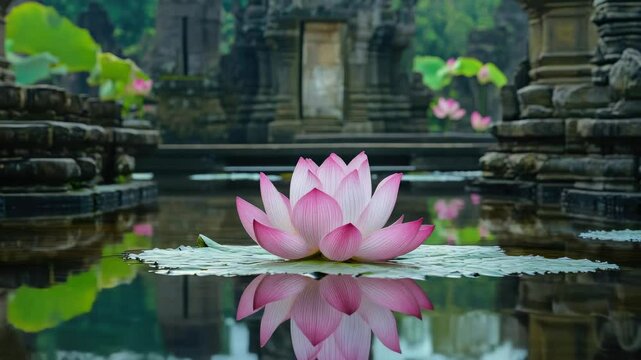 Temple pond with blooming lotus flower and temple reflection.