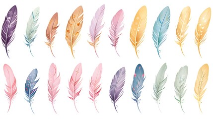 Exquisite set of decorative feathers and beads isolated on white background for craft projects