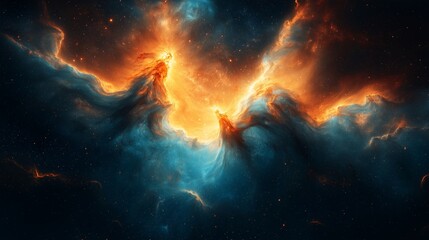 Fototapeta premium Glowing Cosmic Nebula with Fiery Orange and Deep Blue Swirling Gases – Majestic Space Scene with Stars and Galactic Light