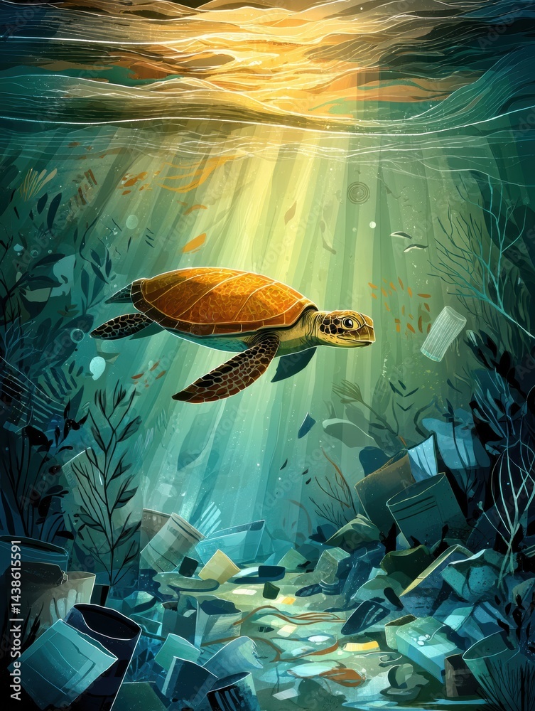Poster sea turtle navigates through a sea of floating trash in a vibrant underwater landscape