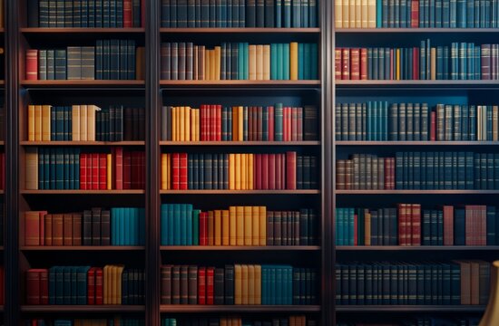 Ornate library bookshelves filled with diverse volumes