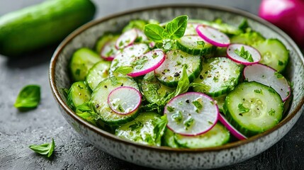 Fresh salad cucumber, radish, & herbs in a textured bowl