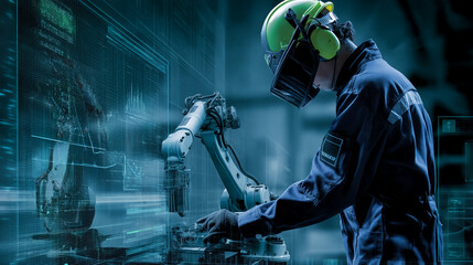 Worker in protective gear operating robotic arm, interacting with digital interface showcasing technological advancement in industry, representing automation and human-machine collaboration