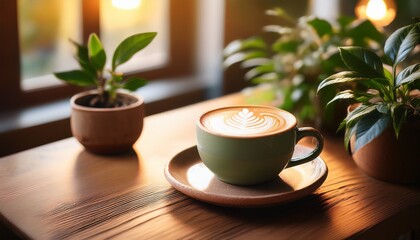 a cozy coffee cup with latte art sits on a wooden table surrounded by indoor plants in a warm cafe ambiance