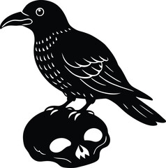 vintage crow sitting on skull 