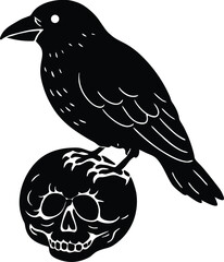 vintage crow sitting on skull 