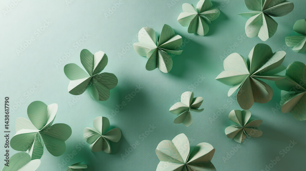 Aufkleber Mint green paper cloverleaf shapes scattered on a textured background, creating a spring or St Patrick's Day themed design, showcasing free space for text or branding