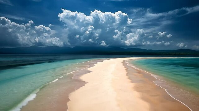 Majestic tropical beach with pristine sandbar under dramatic clouds