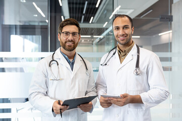 Two doctors in white coats stand side by side, smiling confidently in a modern office setting. One holds a clipboard, the other a tablet.