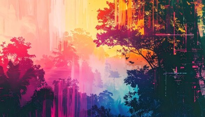 Nature and technology colliding with glitch overlays, vibrant colors