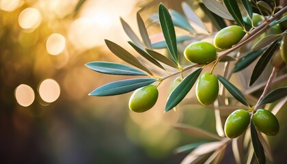 close up of olive tree branch with green olives natural background with blurry bokeh effect