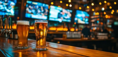 Two Beer Glasses on a Wooden Bar