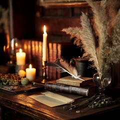 Realistic Image of Candlelit Reading Corner with Vintage Books for Book Day Celebration