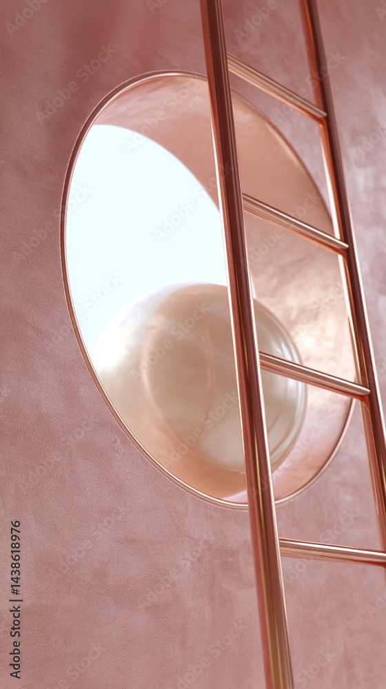Aufkleber rose gold ladder against a textured pink wall, framing a round aperture revealing a smooth pearl-lik
