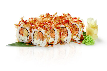 Delicious uramaki sushi rolls with smoked salmon, cream cheese, and bonito flakes on a white background