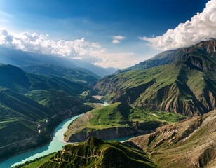 beautiful landscape with mountains valley and a river on a sunny summer day with clouds dagestan