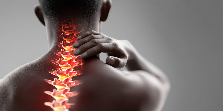 Back view of a person's neck and upper back, highlighting the spine with glowing, red-orange accents, suggesting pain or inflammation.  Illustrates back pain or discomfort.