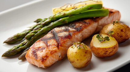 Grilled Salmon Served With Asparagus, Potatoes
