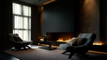 Elegant modern living room with gray chairs and warm tones