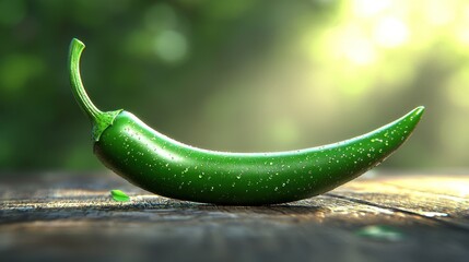 Obraz premium Glossy green chili pepper on rustic wooden surface