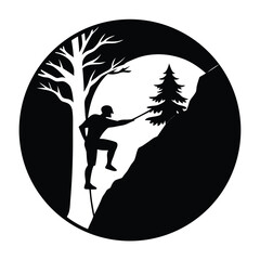 Man Climbing Between Tree Lined Cliffs At Sunset