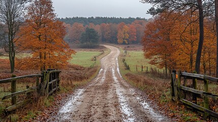 Obraz premium Autumnal country road curving through forest
