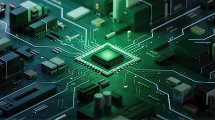 Fototapeta premium Central Processing Unit: A detailed close-up of a central processing unit (CPU) nestled within a complex network of circuit boards, glowing with an ethereal green light.
