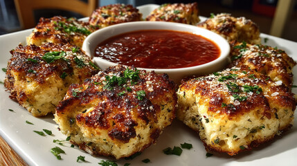Ricotta Cheese Bites with Marinara: Golden-brown ricotta cheese bites, seasoned with herbs and parmesan, served with a vibrant marinara dipping sauce. A delightful appetizer or snack.