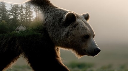 Obraz premium Bear and cabin in forest