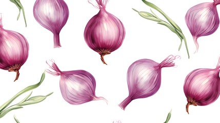 Elegant Seamless Pattern with Fresh Red Onions on White Background for Designs