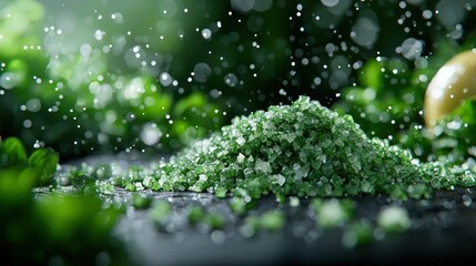 Green crystalline mound, blurred leaves, and falling light