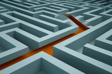 Blue maze with orange path showcasing problem-solving, navigation, and finding solution concept
