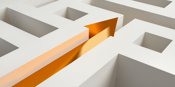 Orange arrow navigating white maze, symbolizing solution, progress, or path to success.  Abstract concept for business or guidance