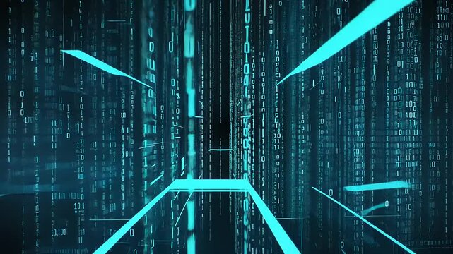 Cyberpunk Digital Matrix Tunnel:  Neon Blue Binary Code Stream