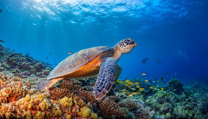 Obraz premium graceful sea turtle swimming in colorful coral reef with vibrant fish under the sunlit ocean sea turtle coral reef fish