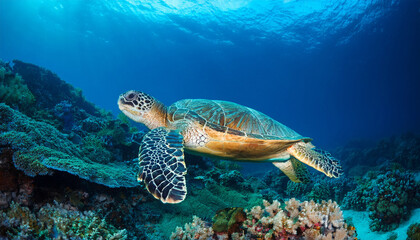 Fototapeta premium sea turtle swimming underwater with coral reef generative ai