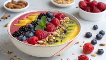 A colorful smoothie bowl topped with berries and granola