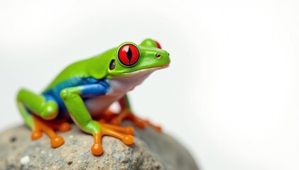 Naklejka premium Single red-eyed tree frog on pure white backdrop, macro photography, wildlife, exotic