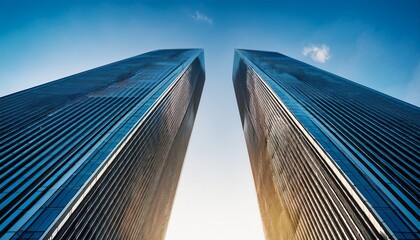 a striking upward view of two modern skyscrapers creating a dynamic architectural perspective against a clear sky