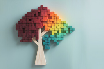 Colorful wooden cubes form a pixelated tree on a light-green background, symbolizing growth, diversity, and digital nature, ideal for presentations or educational materials