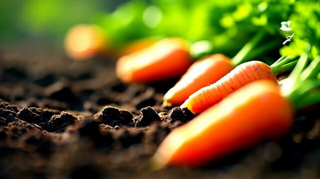  Closeup of carrots on the bed, harvesting.