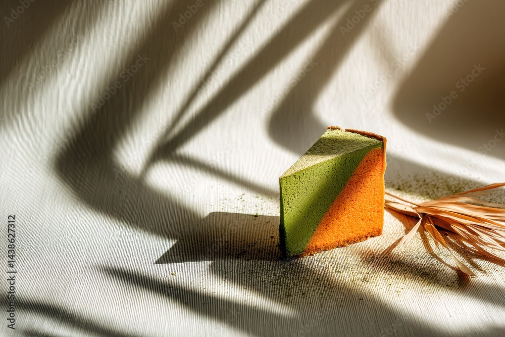 Aufkleber Minimalist Matcha Cake Showcasing Vibrant Colors and Dynamic Shadow Play on a Textured Surface