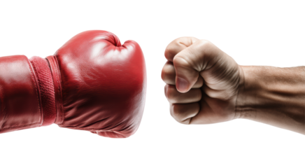 Professional Red Boxing Glove versus Bare Fist Punch Ready for Fight Combat Sport Competition Match Isolated on Transparent and White Background