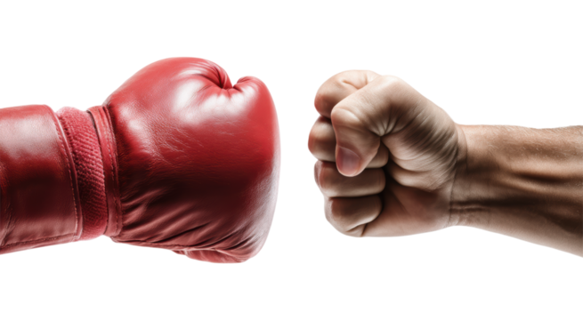 Professional Red Boxing Glove versus Bare Fist Punch Ready for Fight Combat Sport Competition Match Isolated on Transparent and White Background