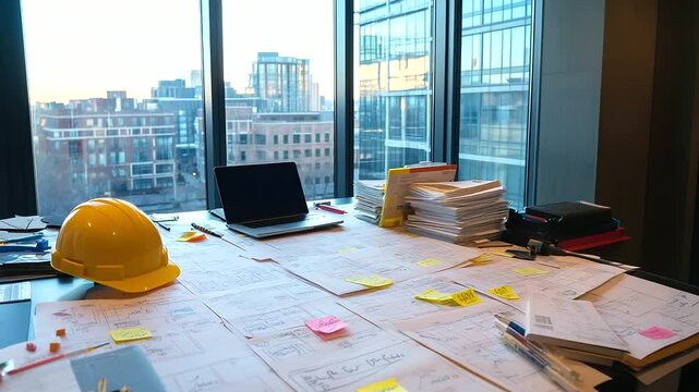 Construction plans with colored markers and notes cover a large workspace near a window. Yellow helmet beside a laptop and a binder of permits creates a story of preparation.