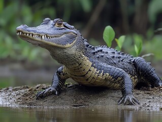 Fototapeta premium A Striking Caiman Emerges: Close-Up Portrait of a Young Reptile Poised on the Bank, Reflected in Calm Waters, Showcasing its Scales and Sharp Teeth.