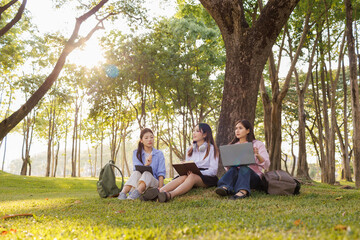 Fototapeta premium A group of female students sits under a tree in the park, laughing and chatting joyfully together.